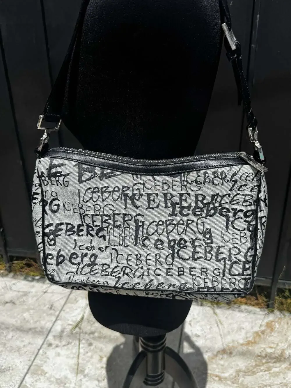 Iceberg Black and White Monogram Logo Print Shoulder Bag Baguette
